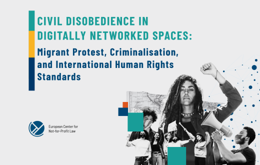 banner for paper titled "Civil Disobedience in Digitally Networked Spaces"". Young woman raising fist, protesters with plackards and a loudspeaker gaianst a backdrop of neural network and a map.