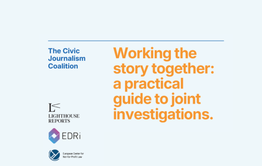 Banner to paper titled 'The Civic Journalism Coalition: Working together - apractical guide to joint investigations. EDRI, Lighthouse Reports, ECNL logos