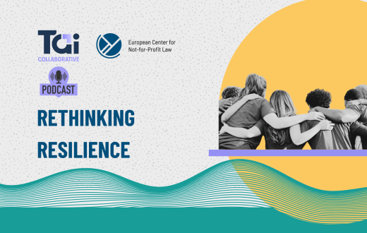 Rethinking reslience podcast, TAI, ECNL logo, people hugging each other and geometric forms.