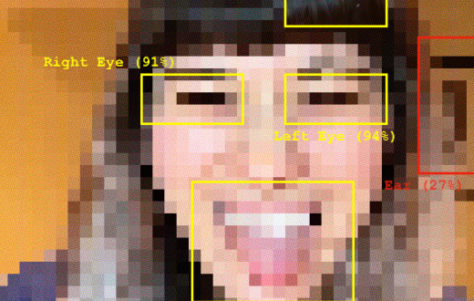 The face of a woman pixelated. Some squares that indicate facial recognition. Saying dark hair, right eye, emotion joy, mouth smiling, uncertain feature