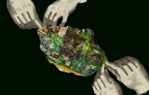 2 pairs of hands are holding a piece that looks like a chip/collection of chips (tech)