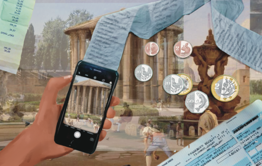 A digital collage about expenses. A hand holds a smartphone taking a photo of a historic circular temple, while long printed receipts, airline boarding passes, and Euro coins float across the image. The layered background includes ancient ruins, a fountain, and people walking through a public square.